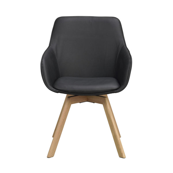 Grå matstol med armstöd och träben i ek, modern skandinavisk design med stoppad sits och rygg