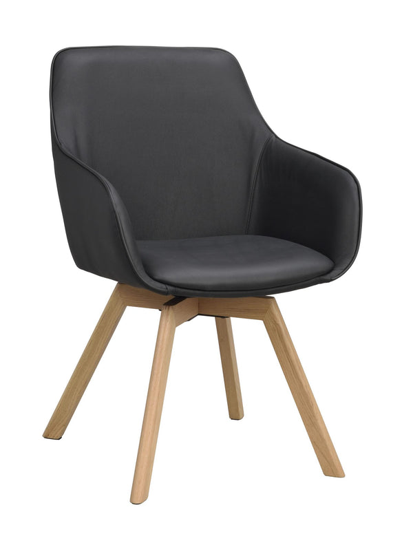 Grå matstol med armstöd och ben i ekfanér, modern skandinavisk design