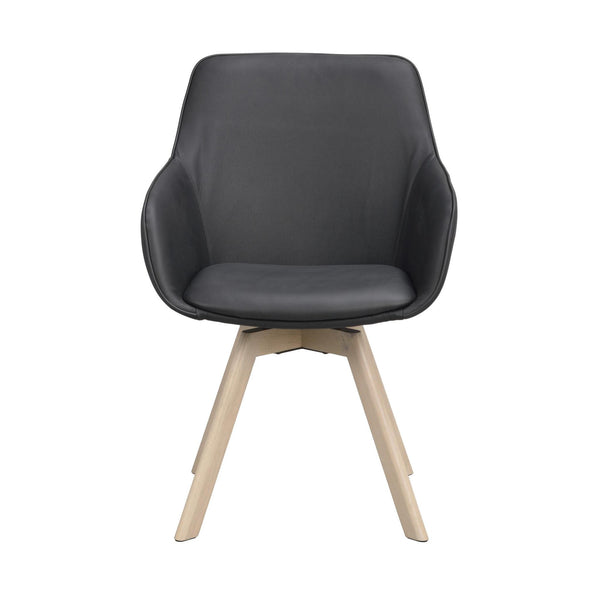 Grå svängbar matstol med armstöd och ljusa träben i modern skandinavisk design