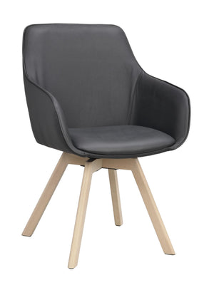 Grå matstol med armstöd och ljusa träben i modern skandinavisk design