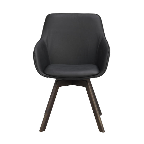 Grå fåtölj med armstöd och mörkbruna träben i modern skandinavisk design