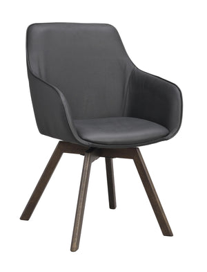 Grå stol med armstöd och träben i mörk ek, modern design med svängd rygg