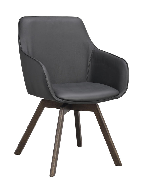 Grå stol med armstöd och träben i mörk ek, modern design med svängd rygg