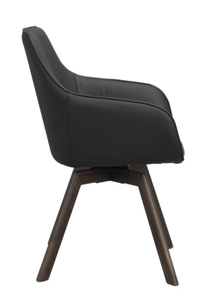 Svart matstol i konstläder med träben i mörk ek, visad från sidan