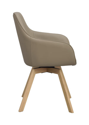 Beige snurrstol med träben i ek, sidovy som visar modern design och sits i konstläder