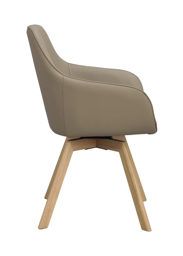Beige snurrstol med träben i ek, sidovy som visar modern design och sits i konstläder