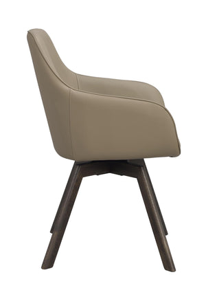 Beige stol med snedställda träben i mörk finish, sidovy som visar svängd rygg och svängbar funktion