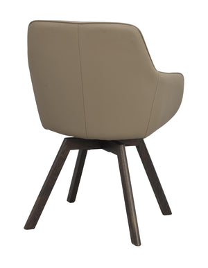 Beige fåtölj med armlän och mörka träben, sedd bakifrån