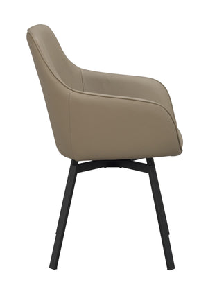 Beige matstol med armstöd och svarta ben, sidovy som visar stolens ergonomiska design och sömdetaljer