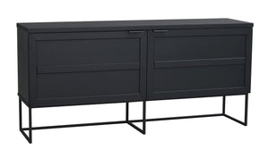 Svart sideboard med fyra lådor och metallställning, modern industriell design