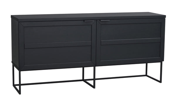 Svart sideboard med fyra lådor och metallställning, modern industriell design