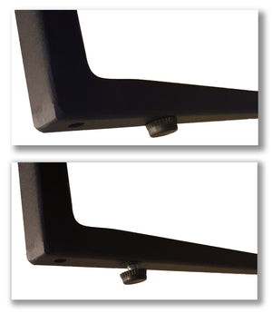 Svart metallram med justerbar skruv i hörnet, närbild av konstruktionsdetalj