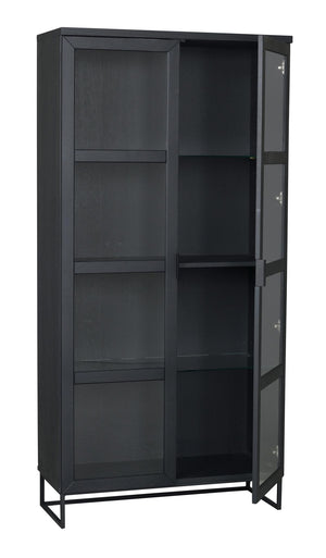 Svart vitrinskåp med glasdörrar och öppna hyllplan, modern design med metallben