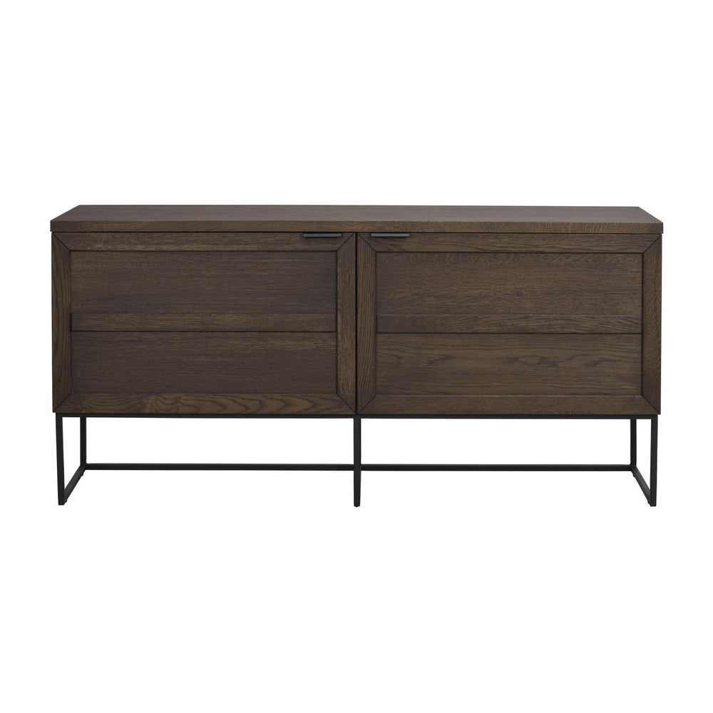 Mörkbrun träskänk med metallben och fyra lådor i modern industriell stil