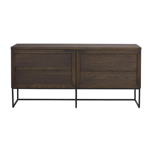 Mörkbrun träskänk med metallben och fyra lådor i modern industriell stil