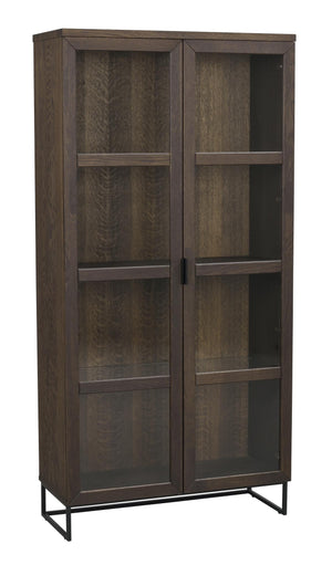 Vitrinskåp i mörkt trä med glaspannor, fyra hyllplan och svart metallställning