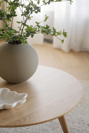 Runt soffbord i ljust trä med grön växt i vit vas och dekorativ skål i skandinavisk stil