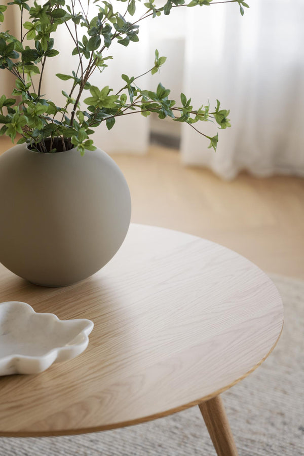 Runt soffbord i ljust trä med grön växt i vit vas och dekorativ skål i skandinavisk stil