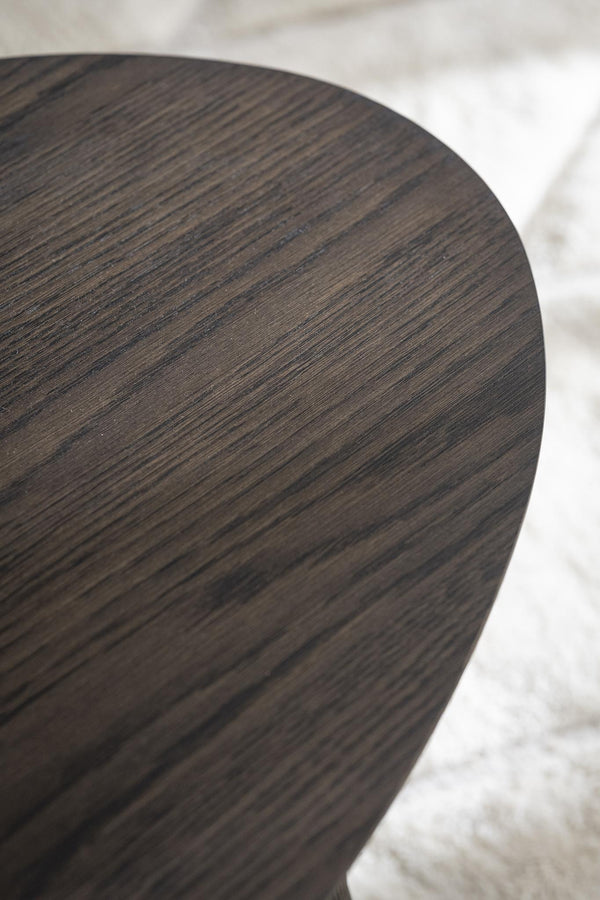 Rund mörkbrun träskiva med synlig årsringsstruktur och naturlig träfibermönstring i närbild