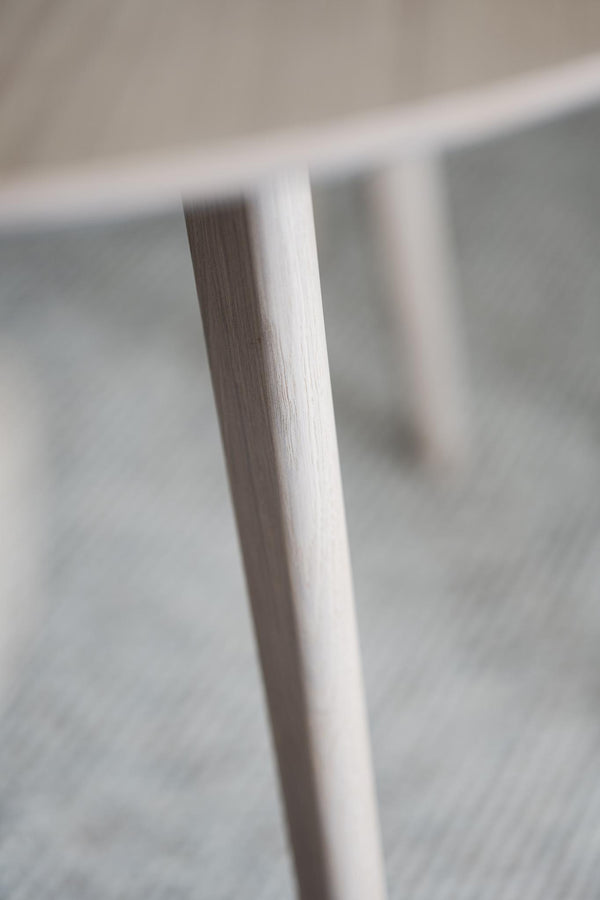 Närbild på ljust träben i ek med synlig ådring på modern skandinavisk möbel