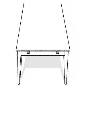 Vitt skrivbord med låda och hyllfack, snedställda ben, vy framifrån