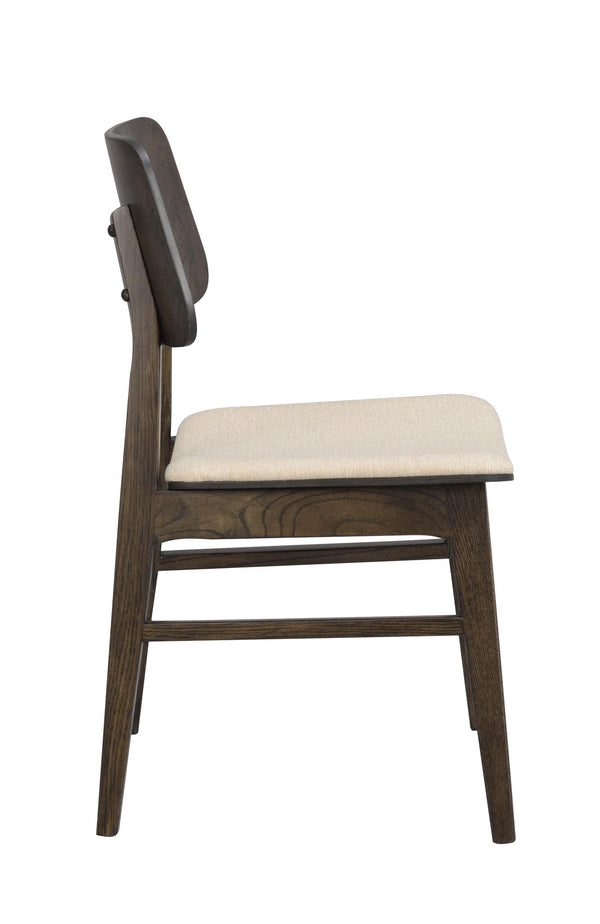 Matstol i mörkbrun ek med beige stoppad sits, sidovy som visar design och konstruktion