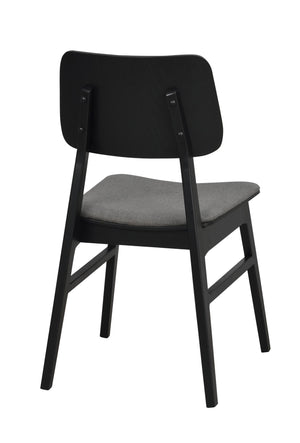 Svart stol med grå stoppad sits och svarta träben, sedd bakifrån