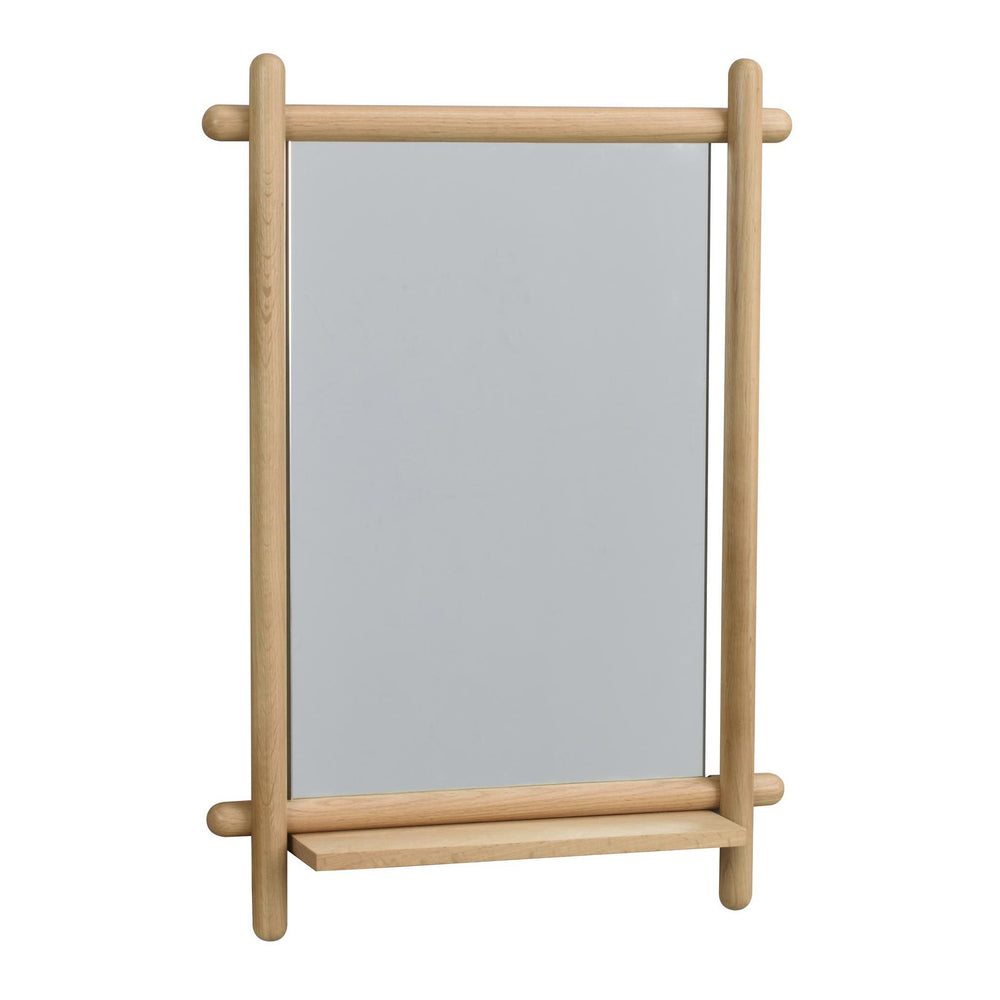 Spegel med ram i ljust trä och liten hylla, rektangulär design med rundade detaljer