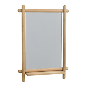 Spegel med ram i ljust trä och liten hylla, rektangulär design med rundade detaljer