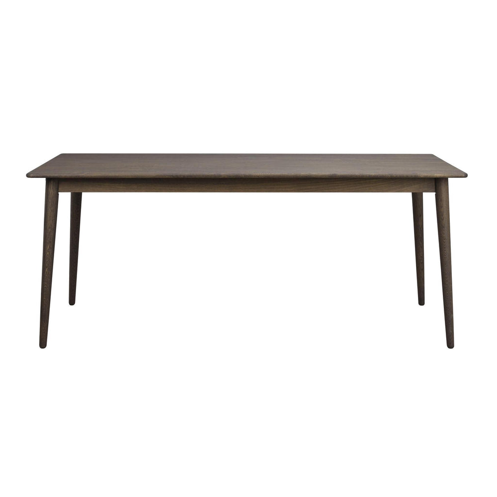 Mörkbrun träbord med raka ben i skandinavisk design, frontvy mot vit bakgrund