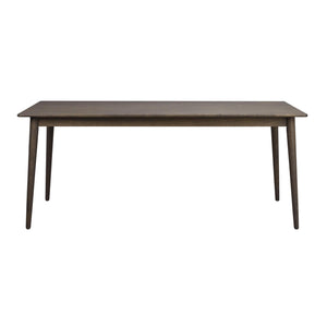 Mörkbrun träbord med raka ben i skandinavisk design, frontvy mot vit bakgrund