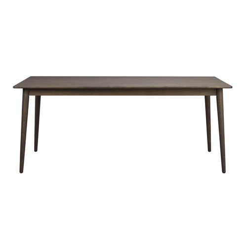 Mörkbrun träbord med raka ben i skandinavisk design, frontvy mot vit bakgrund