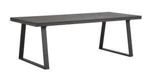 Matbord i grå ek med svarta metallben i trapetsform, modern skandinavisk design