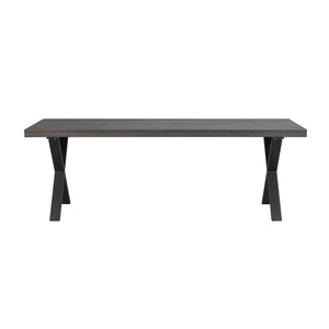 Matbord med grå träskiva och svarta korsformade metallben i modern industriell stil