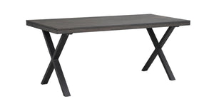 Matbord med grå bordsskiva och svarta korsformadeben i X-design