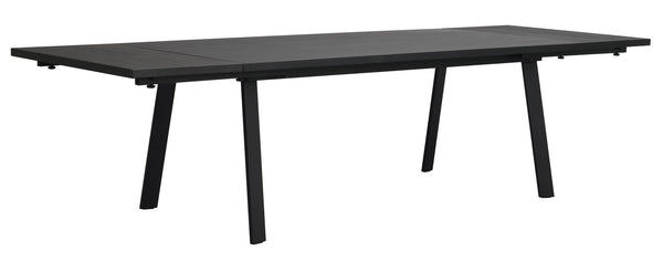 Svart utdragbart matbord i trä med sneda ben, modernt skandinaviskt design