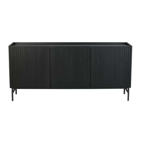 Svart sideboard med ribbad front och smala metallben, modern skandinavisk design