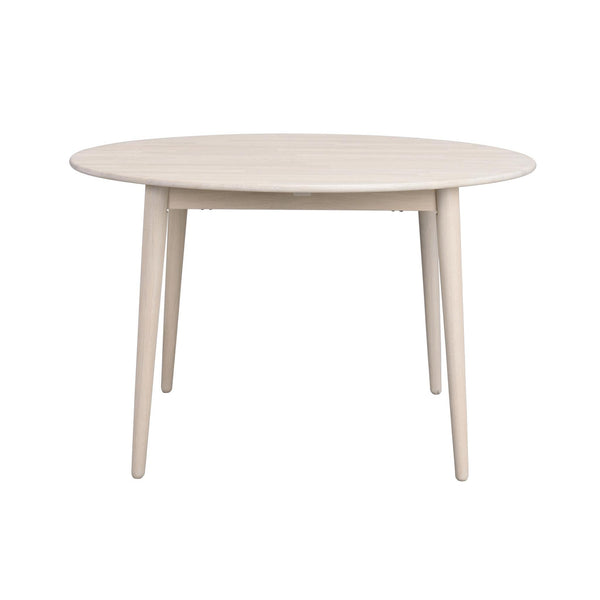 Runt matbord i ljust trä med fyra ben i skandinavisk design