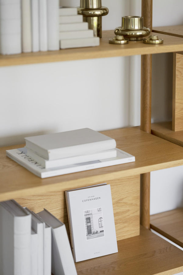 Stilren bokhylla i ljust trä med böcker och mässingsdekorationer i skandinavisk design