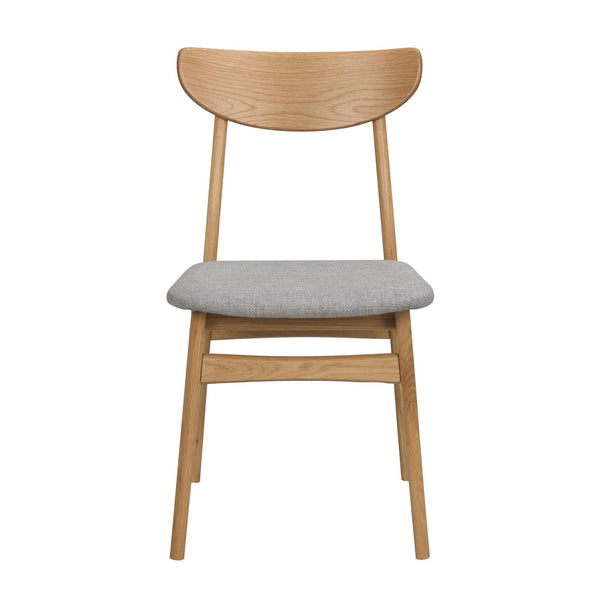 Matstol i ek med grå stoppад sits och ergonomisk rygg, skandinavisk design
