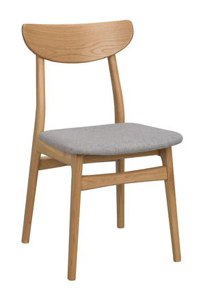 Matsalsstol i ek med grå stoppad sits och rundad rygg, skandinavisk design