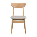 Stol i ljust trä med grå stoppad sits och halvmåneformad rygg i skandinavisk design