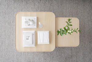 Ljusa träsoffbord med rundade hörn i skandinavisk design, dekorerade med böcker och grön växt ovanifrån