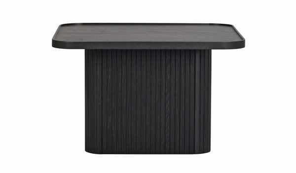 Svart soffbord i trä med räfflad piedestal och rektangulärt bordsskiva med upphöjd kant