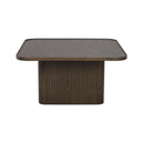 Soffbord i mörkt trä med rundade hörn och räfflad piedestalbas i modern skandinavisk design