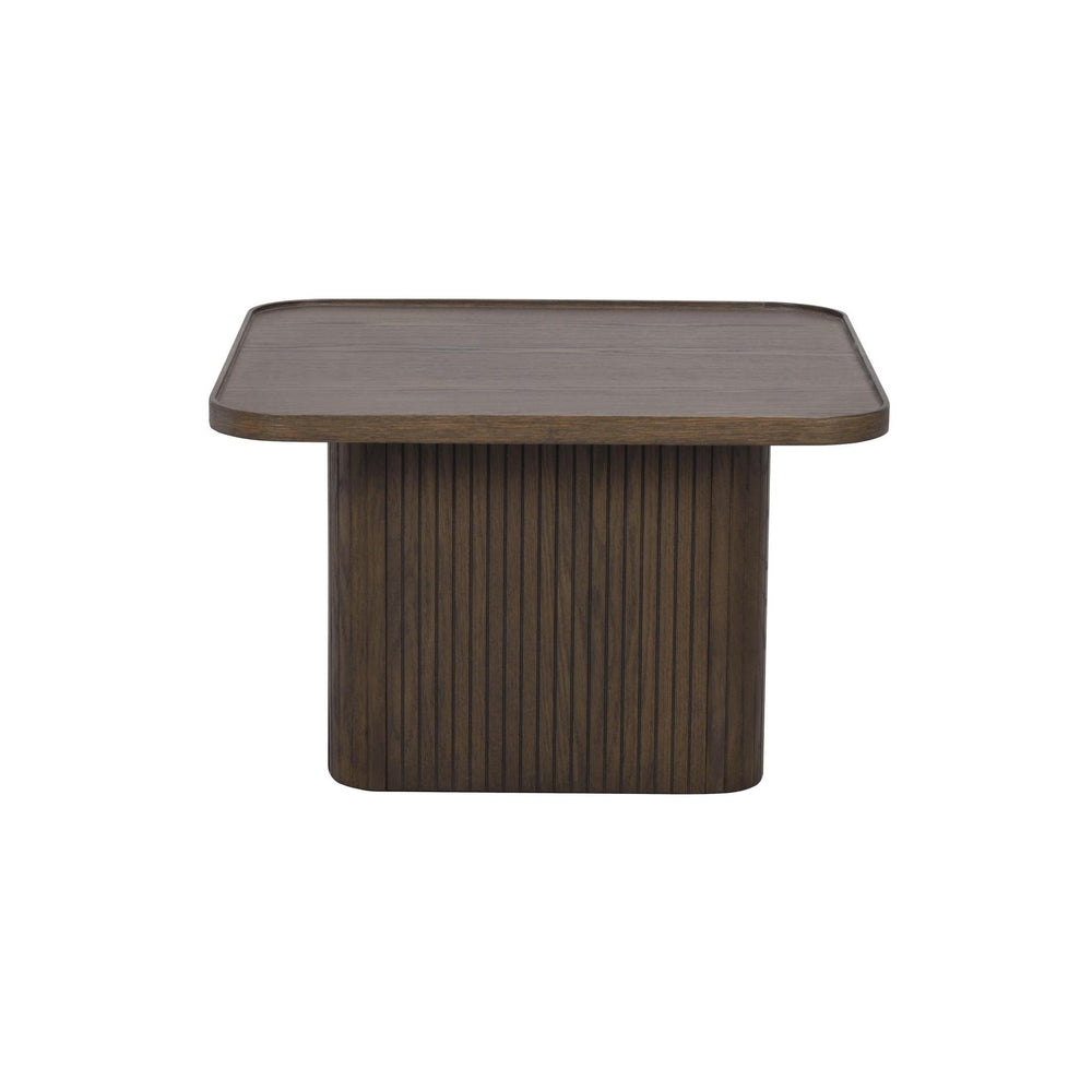 Brunt soffbord med räfflad pedestal och rektangulär skiva i trä med rundade hörn