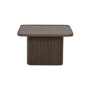 Brunt soffbord med räfflad pedestal och rektangulär skiva i trä med rundade hörn