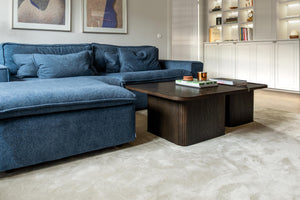 Blå sammetssoffa med mörkt träsoffbord på ljus matta i modernt vardagsrum med bokhylla