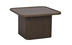 Mörkt träbord med räfflad sockel och kvadratisk bordsskiva i modern design