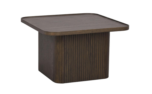 Mörkt träbord med räfflad sockel och kvadratisk bordsskiva i modern design